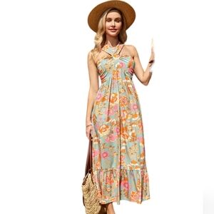 Grace Karin Halter Neck Floral Midi Dress Size L NWT